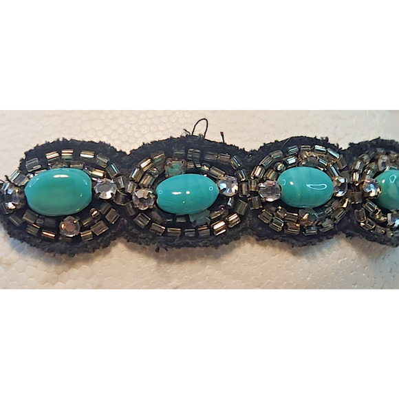 Vintage Rhinestone Turquoise Beaded Applique Headband Stretchy Hair Band OSFM - Picture 5 of 8